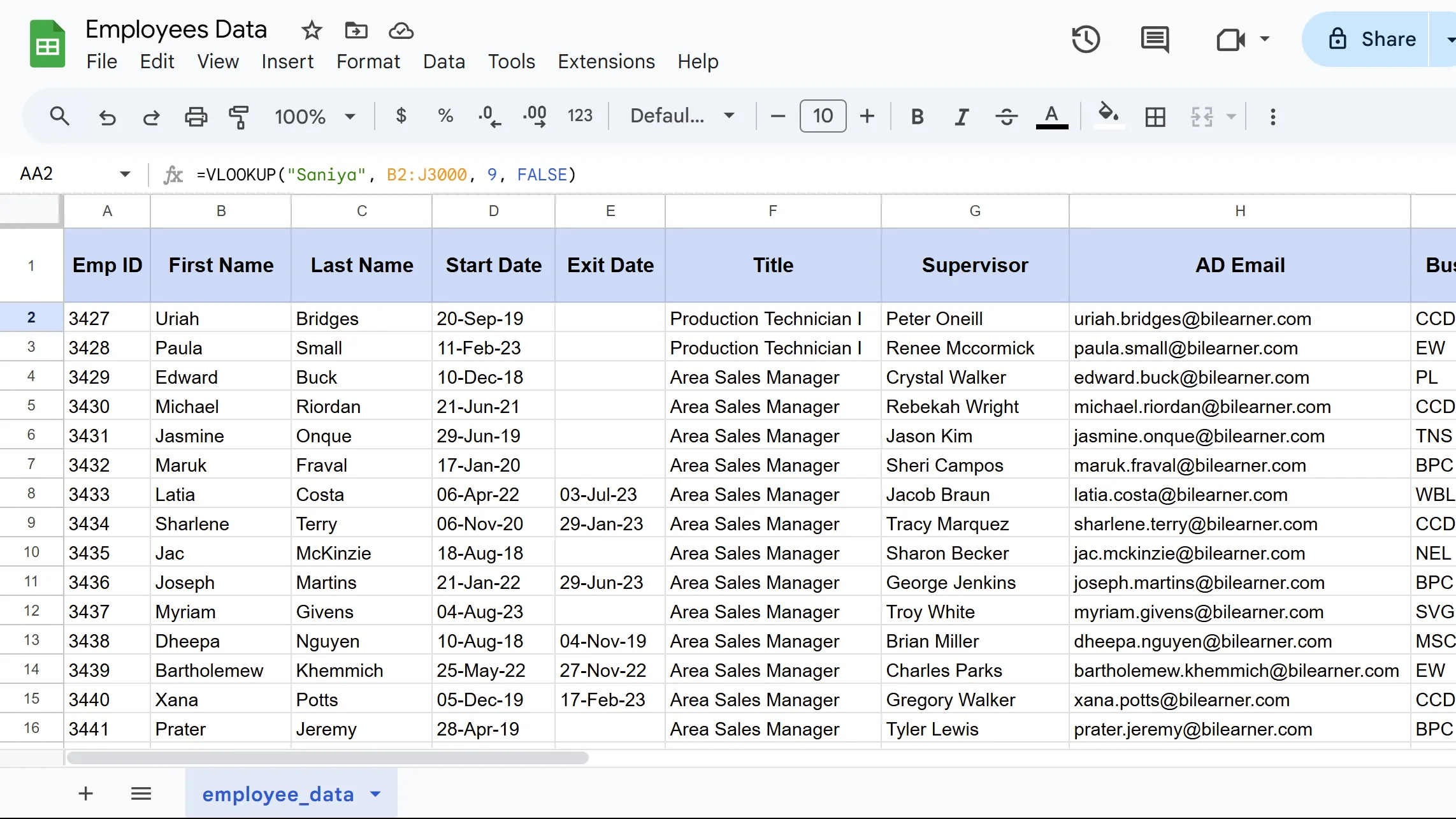 Kết quả hiển thị của hàm VLOOKUP trong Google Sheets khi tìm kiếm dữ liệu từ bảng tính