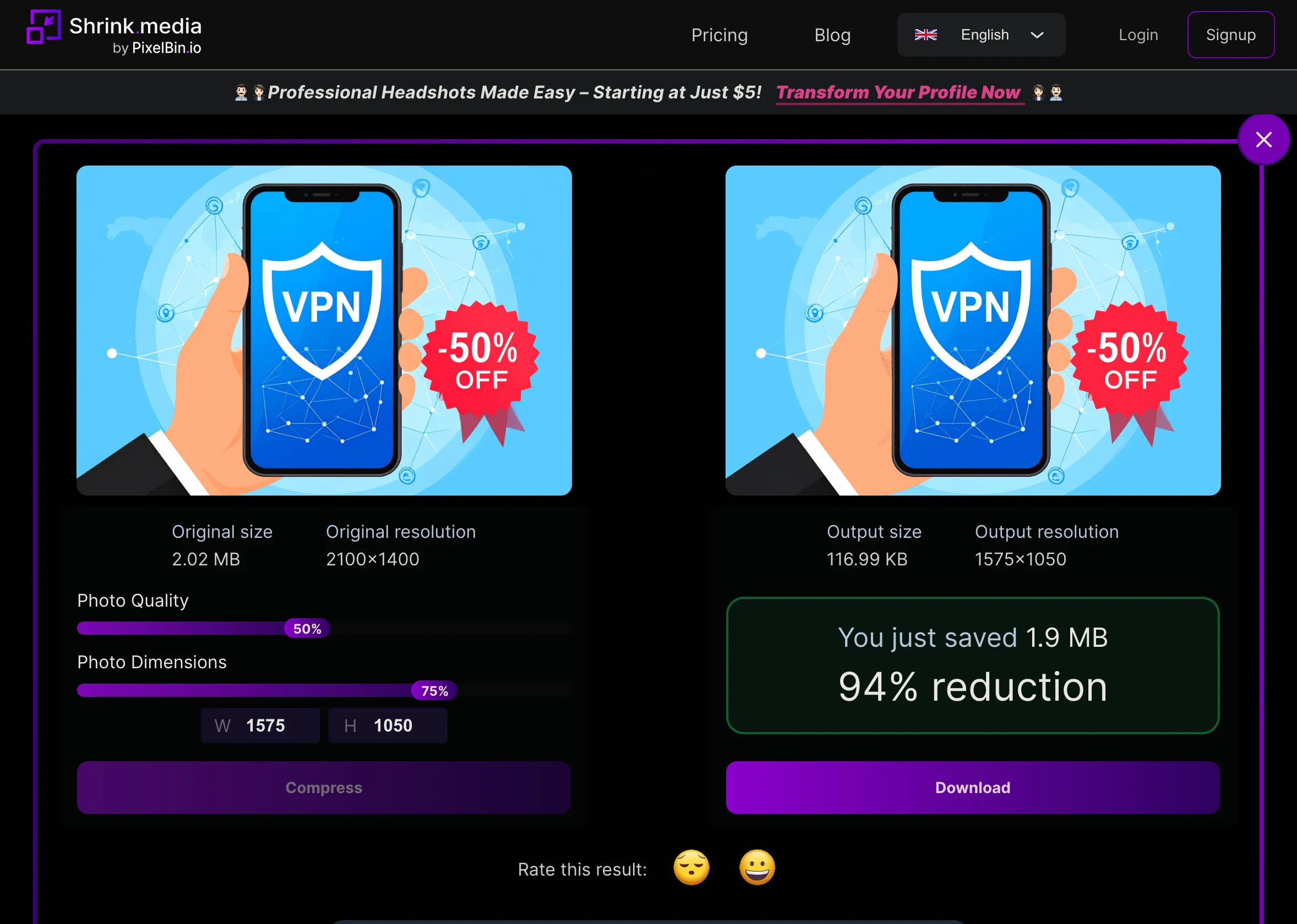 Kết quả nén ảnh trên Shrink.media cùng thanh tùy chỉnh chất lượng và kích thước để giảm dung lượng file ảnh.