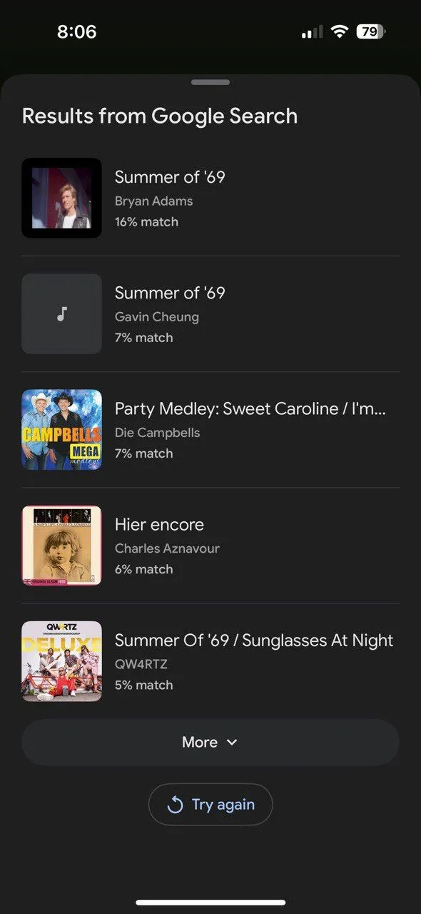 Kết quả nhận dạng bài hát trong ứng dụng Google trên iOS hiển thị thông tin bài hát và liên kết YouTube