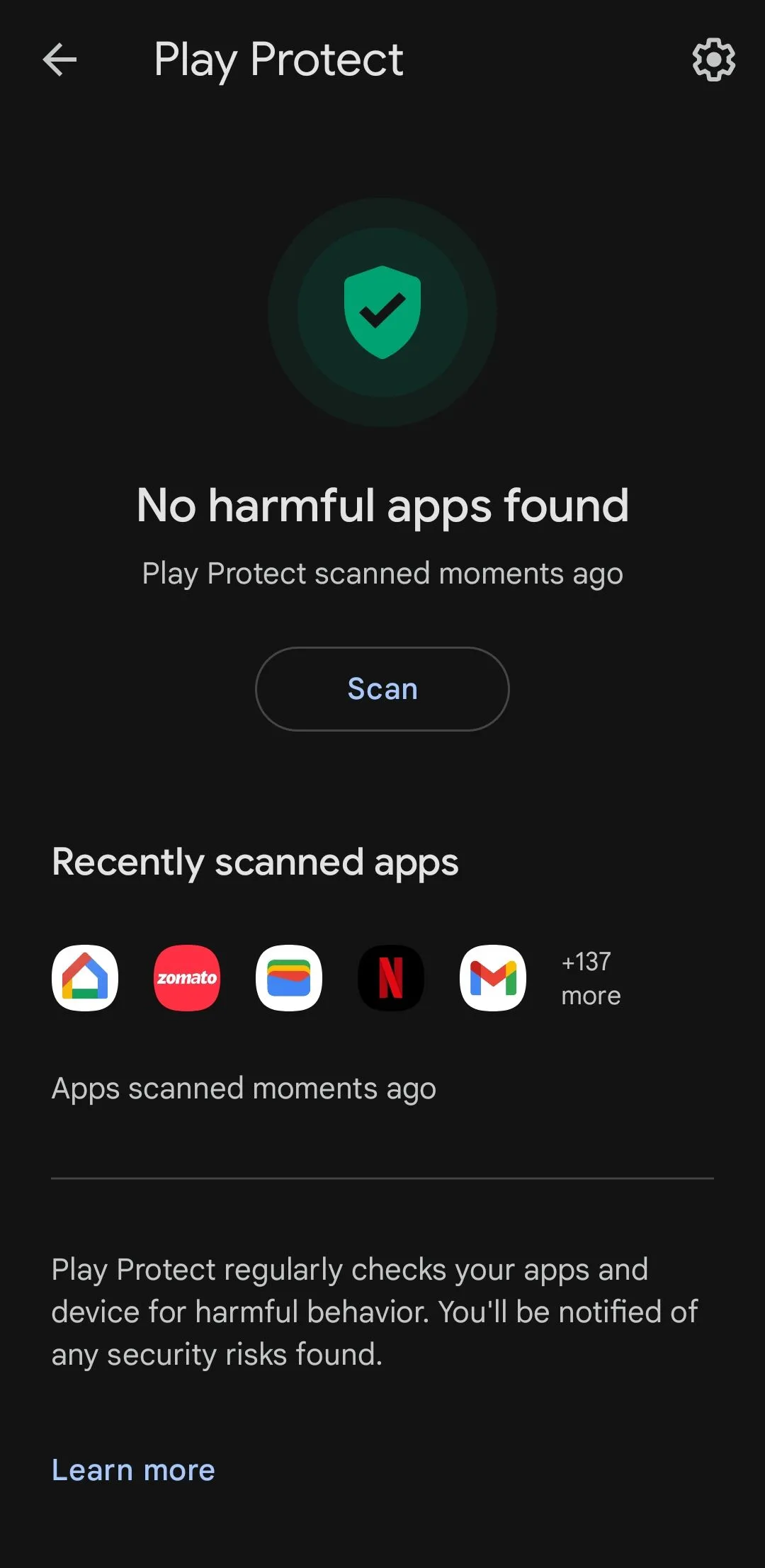 Kết quả quét của Google Play Protect trên Android, hiển thị trạng thái an toàn của các ứng dụng đã cài đặt