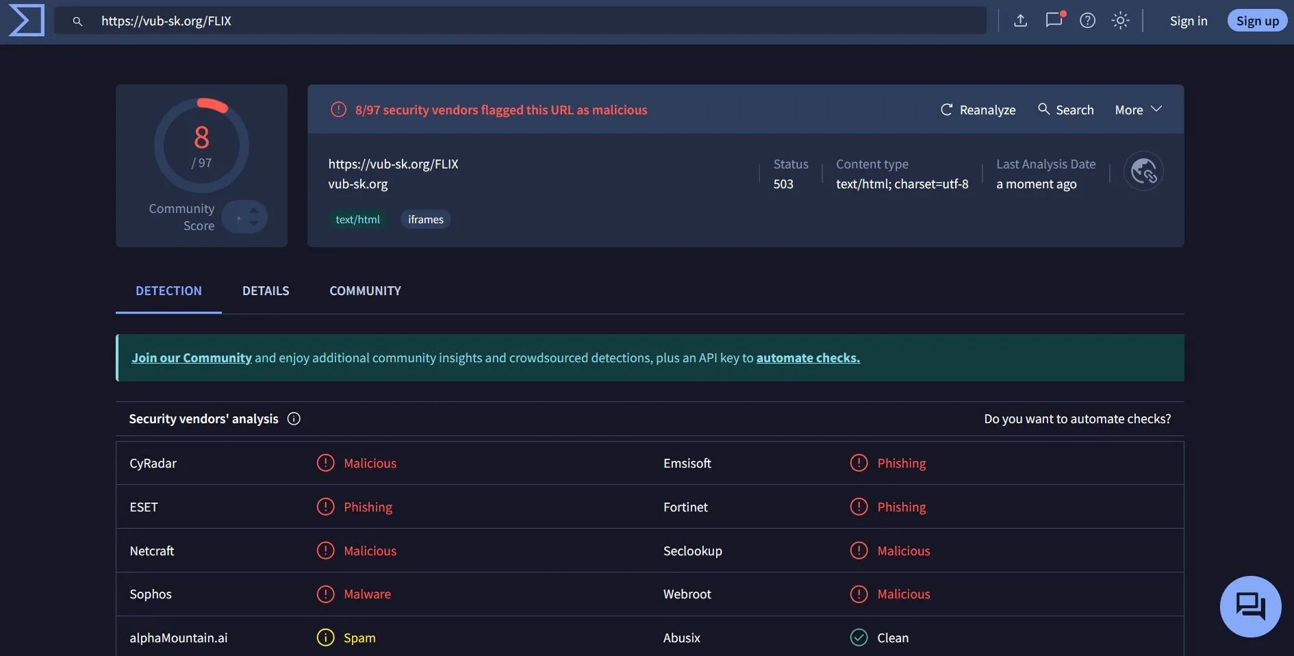 Kết quả quét VirusTotal phát hiện liên kết lừa đảo độc hại từ email phishing Netflix