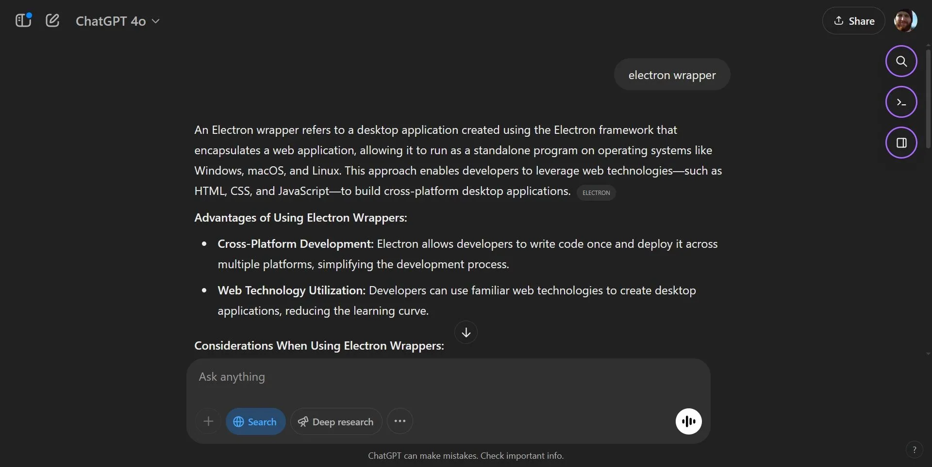 Kết quả tìm kiếm chi tiết từ ChatGPT Search về khái niệm "Electron wrappers" với ví dụ minh họa.