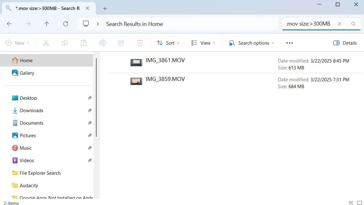 Kết quả tìm kiếm file video .mov dung lượng lớn hơn 300MB trong File Explorer