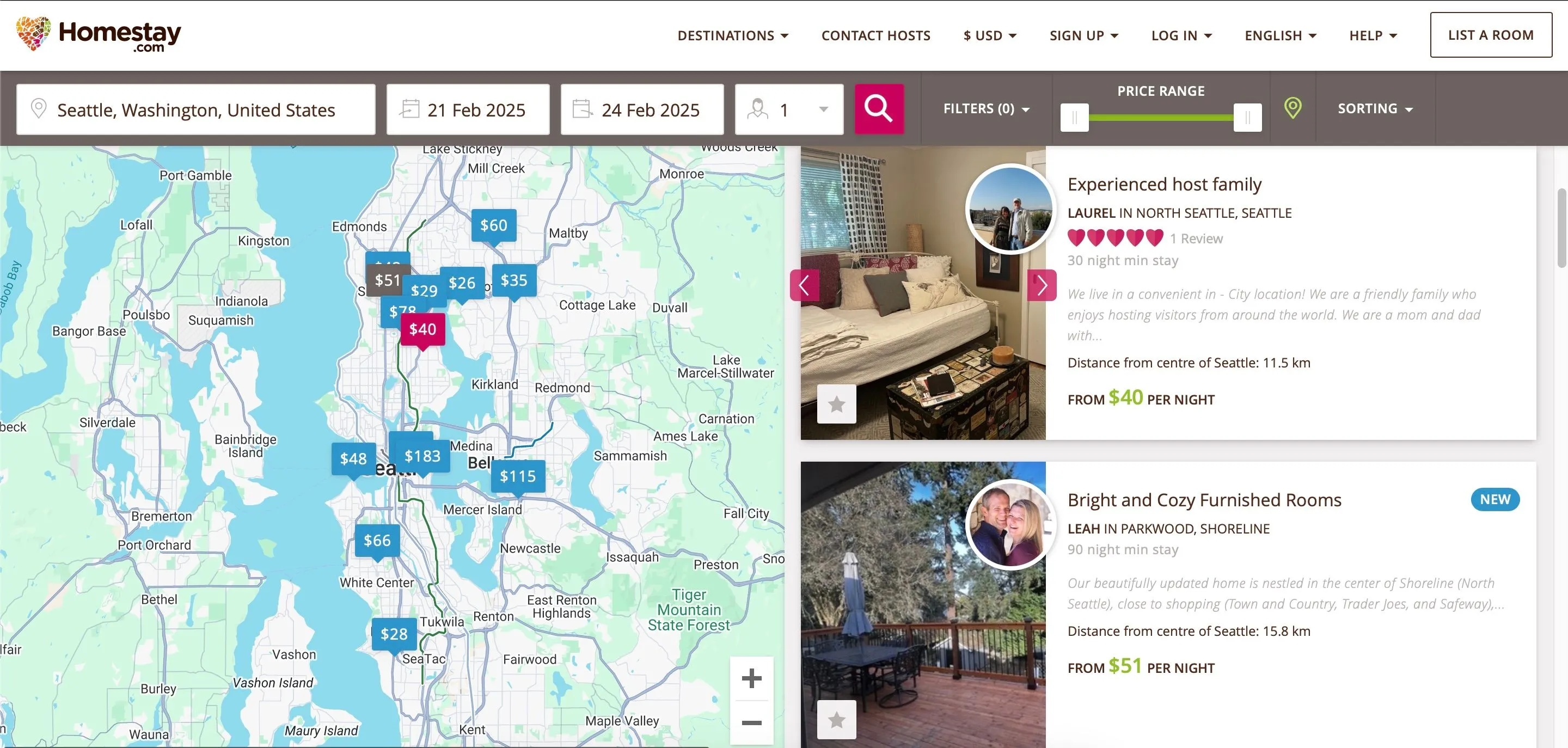 Kết quả tìm kiếm Homestay tại Seattle hiển thị các lựa chọn chỗ ở đa dạng