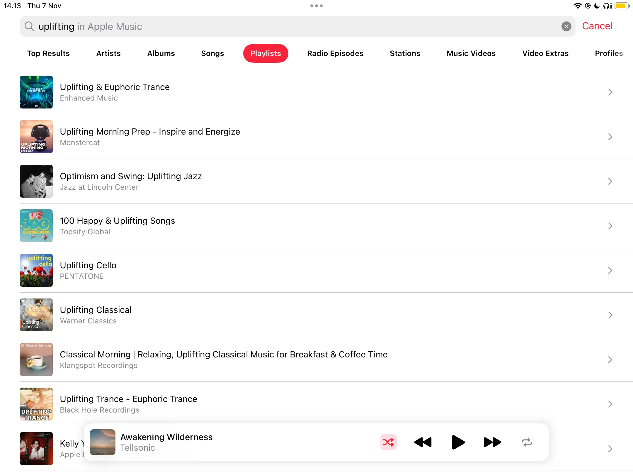 Kết quả tìm kiếm playlist nhạc tích cực với từ khóa 'Uplifting' trên Apple Music