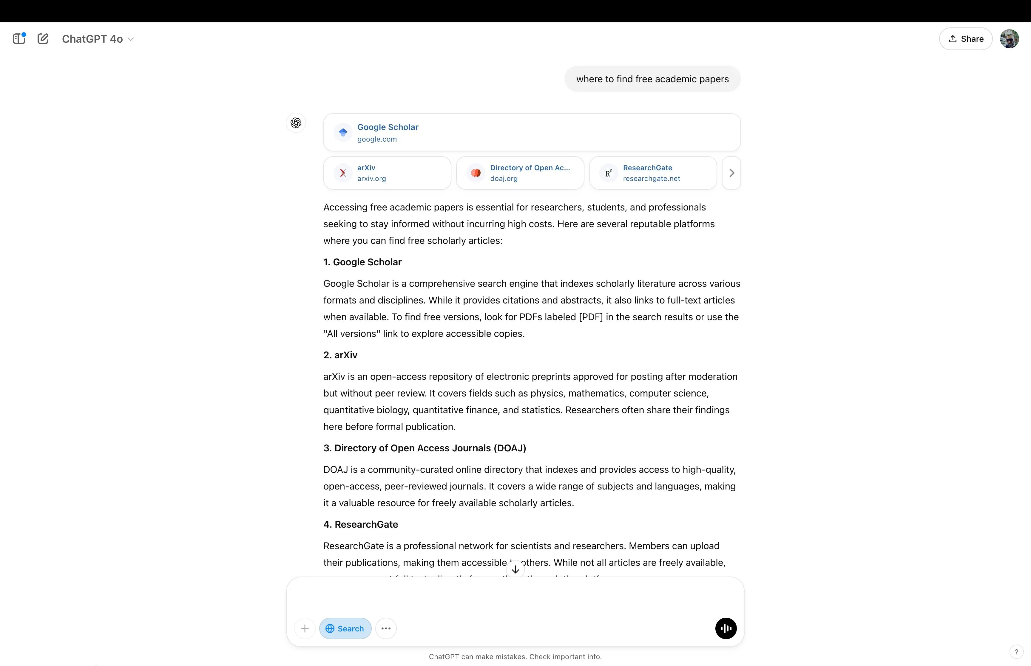 Kết quả tìm kiếm trên ChatGPT cho thấy các nguồn tài liệu học thuật miễn phí như Google Scholar