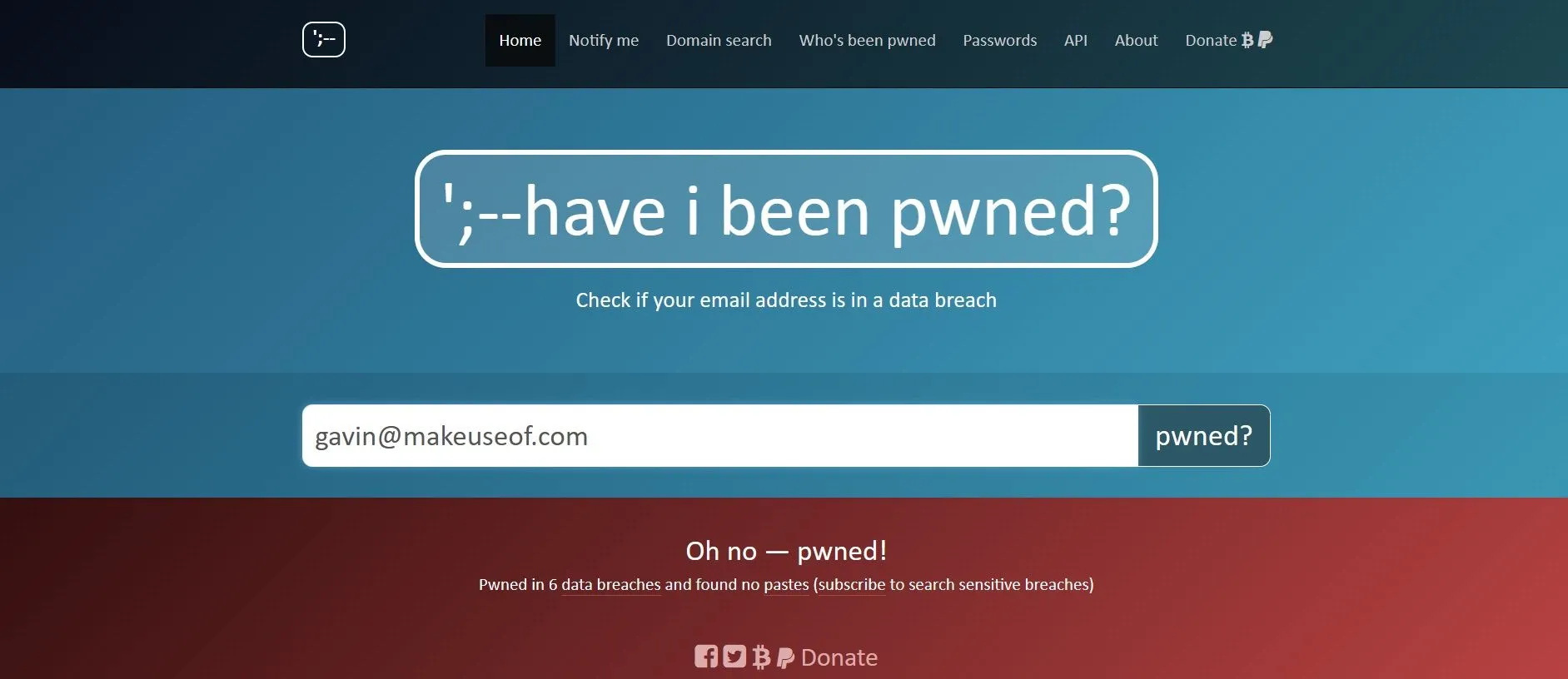 Kết quả tìm kiếm trên Have I Been Pwned cho thấy email bị rò rỉ