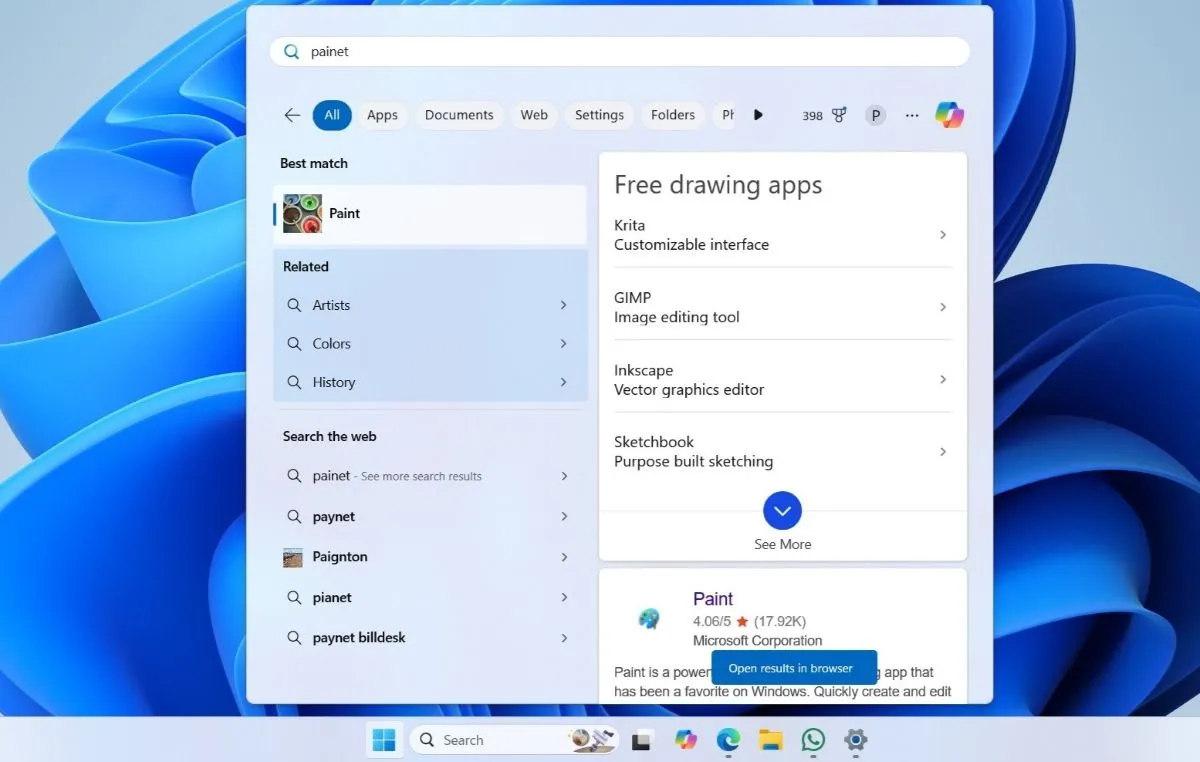Kết quả tìm kiếm trên Start Menu của Windows 11, hiển thị cả đề xuất từ Bing và trình duyệt Edge khi người dùng nhập từ khóa, minh chứng sự tích hợp sâu.
