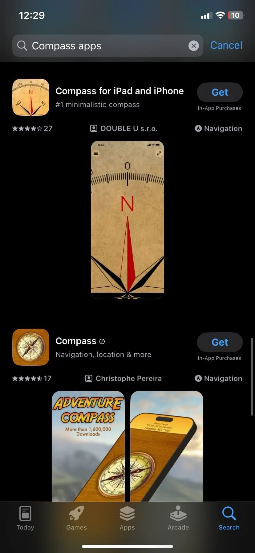 Kết quả tìm kiếm ứng dụng la bàn trên App Store