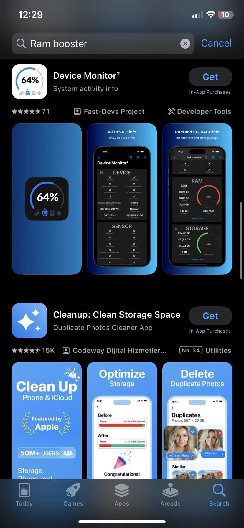 Kết quả tìm kiếm ứng dụng tăng RAM trên App Store