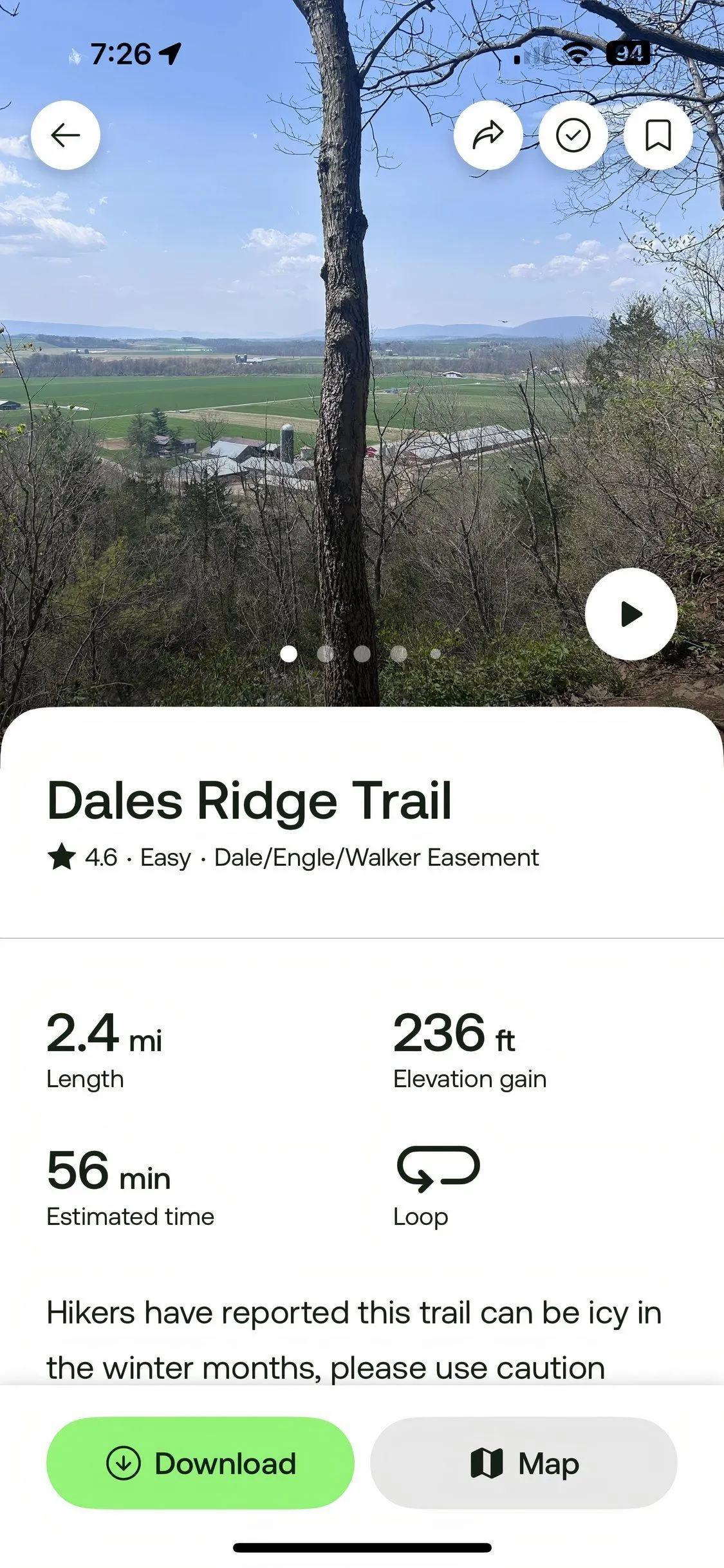 Khám phá đường mòn với ứng dụng AllTrails, hiển thị chi tiết đường đi và thông tin độ khó