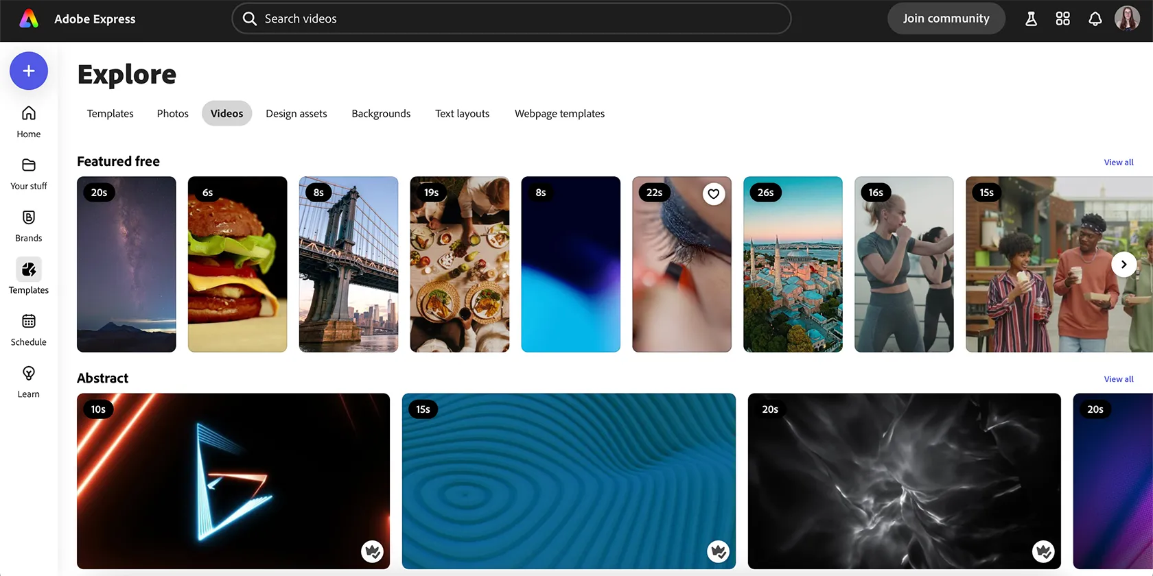 Kho tài nguyên video stock chất lượng cao từ Adobe Stock tích hợp trong Adobe Express, giúp người dùng dễ dàng tìm kiếm và sử dụng.