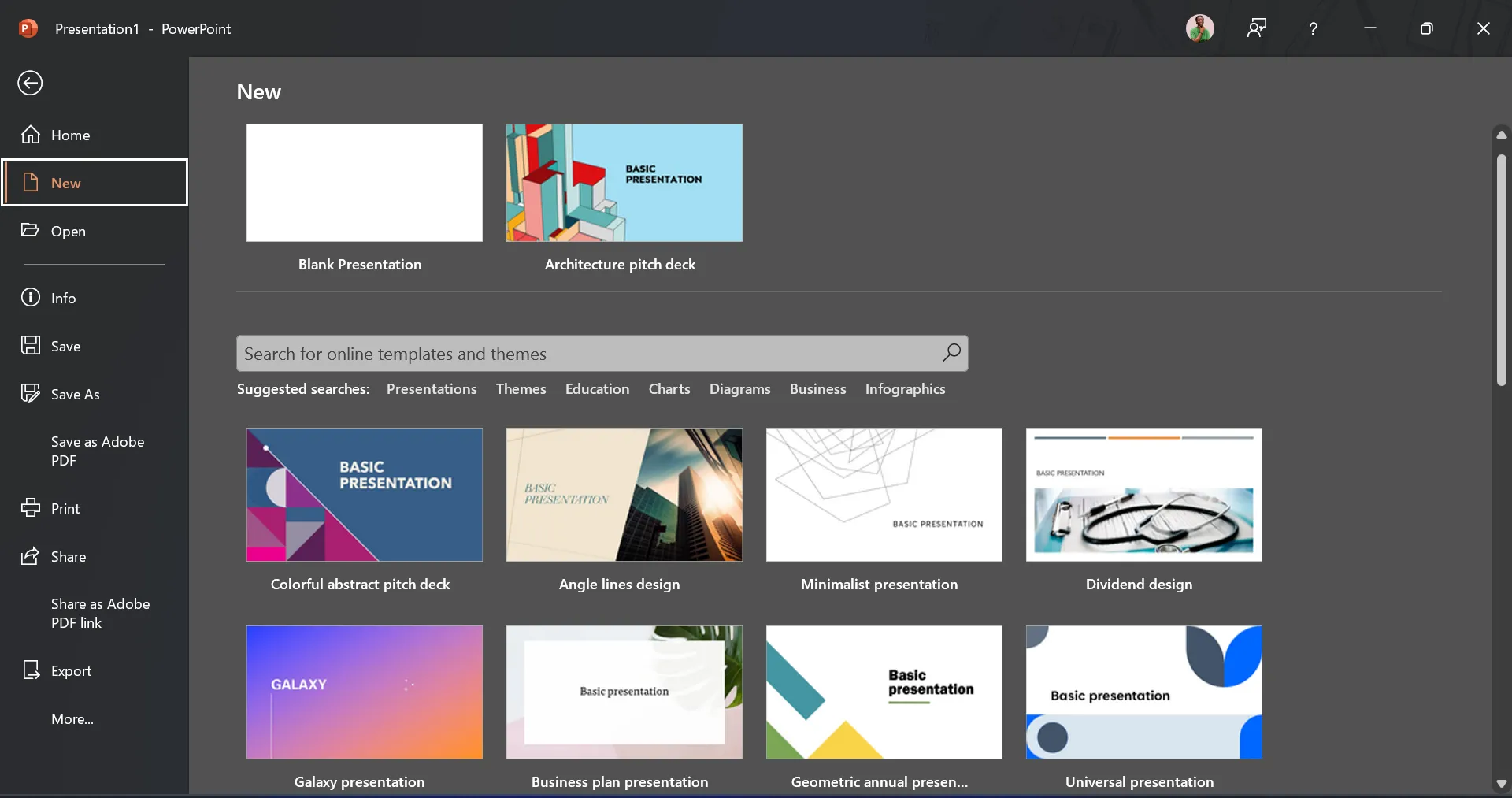 Kho thư viện mẫu thuyết trình khổng lồ của PowerPoint trên máy tính để bàn, với hàng trăm lựa chọn khác nhau gây choáng ngợp.