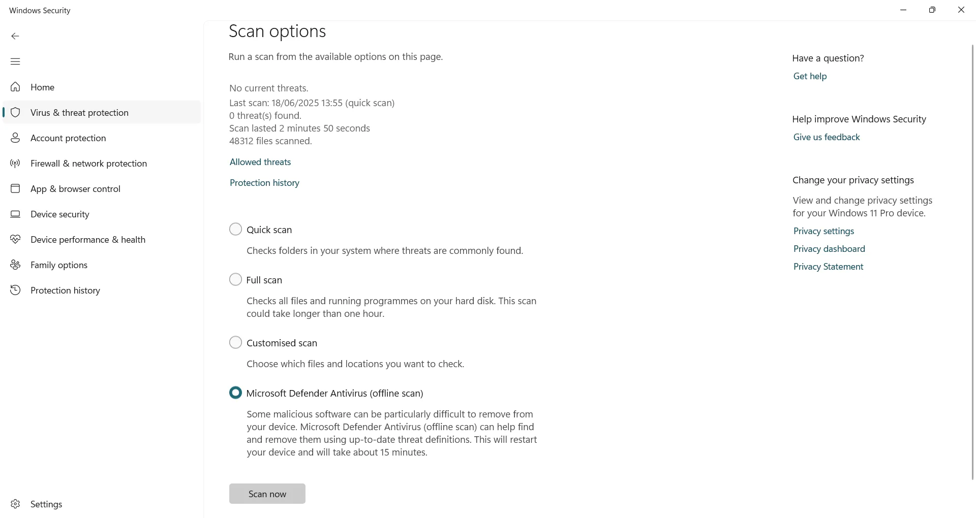 Khởi chạy tính năng quét ngoại tuyến Microsoft Defender trên Windows