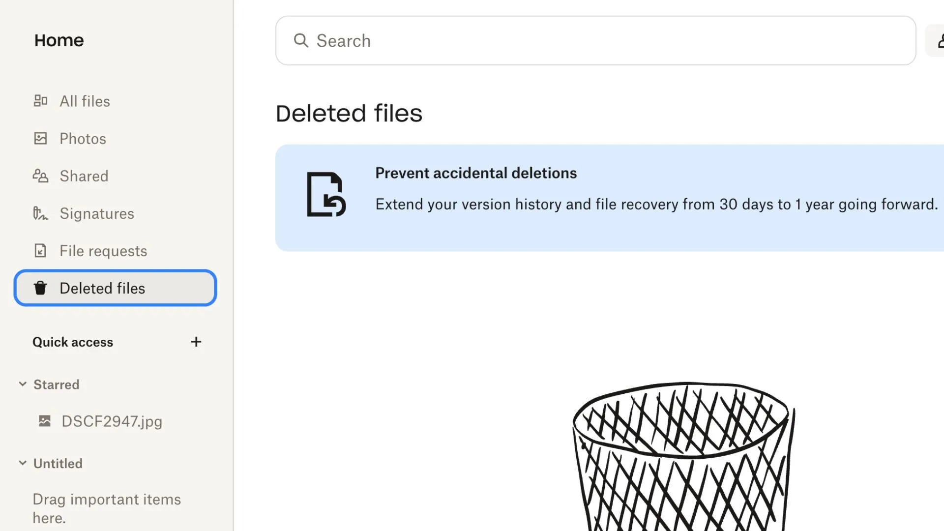 Khu vực tệp đã xóa của Dropbox, minh họa thời gian khôi phục dữ liệu bị giới hạn cho tài khoản miễn phí