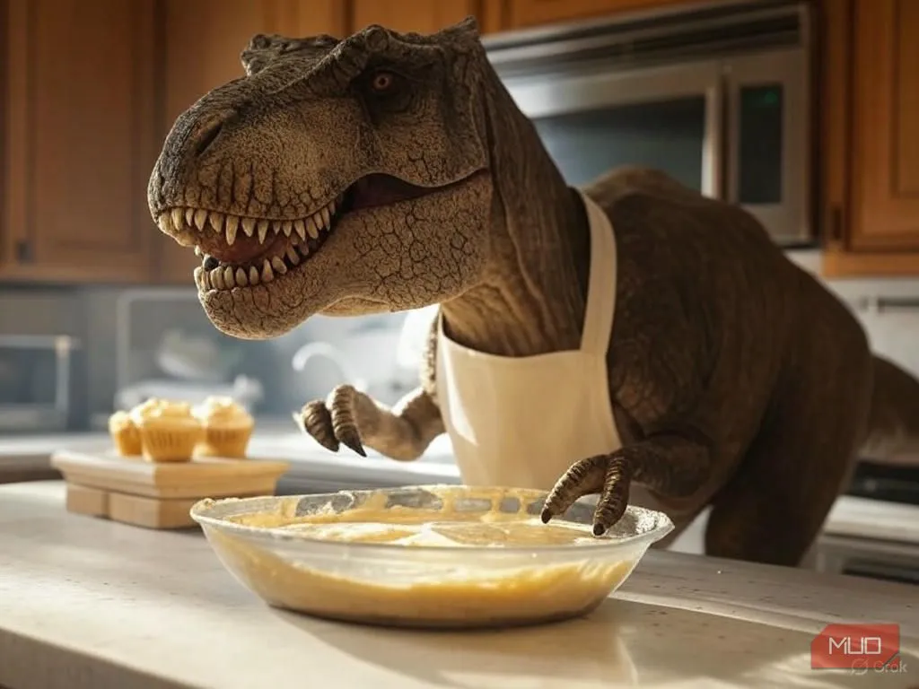 Khủng long bạo chúa T.rex đang nướng bánh cupcake, đeo tạp dề đầu bếp, được tạo bởi AI Aurora của Grok