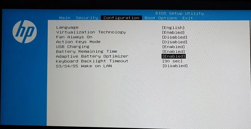 Kích hoạt cài đặt Tối ưu hóa Pin Thích ứng (Adaptive Battery Optimizer) trong BIOS laptop HP