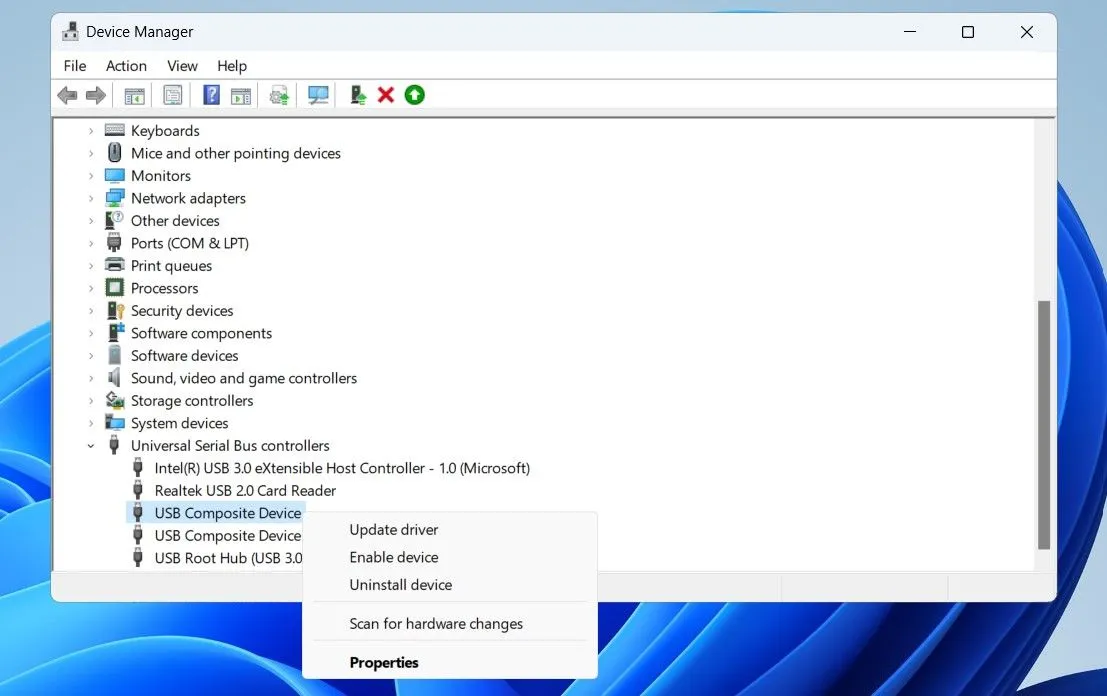 Kích hoạt lại Driver USB bằng Trình quản lý Thiết bị trên Windows