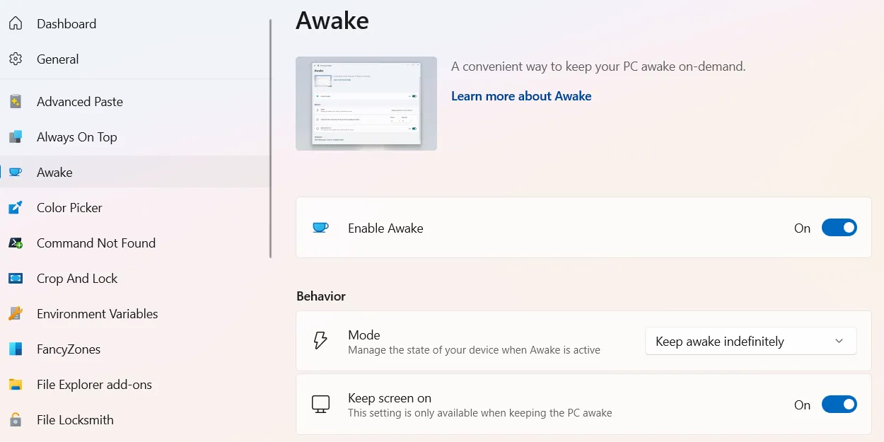 Kích hoạt tiện ích Awake trong PowerToys trên Windows 11 để giữ máy tính luôn hoạt động.