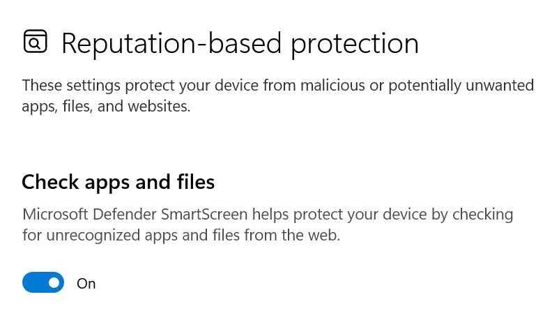 Kiểm tra bộ lọc SmartScreen trong ứng dụng Cài đặt Windows