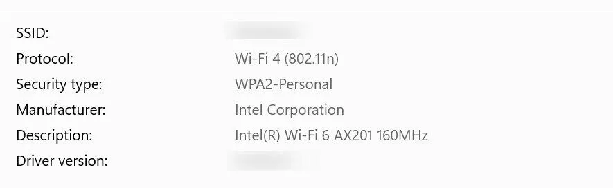Kiểm tra loại mã hóa (WPA2, WPA3) của kết nối mạng Wi-Fi hiện tại trên Windows.