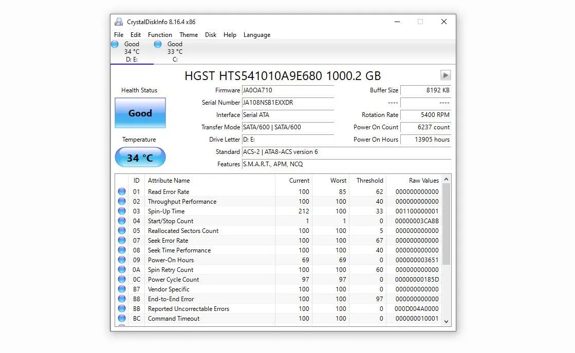 Kiểm tra sức khỏe ổ cứng HDD hoặc SSD với phần mềm CrystalDiskInfo trên Windows