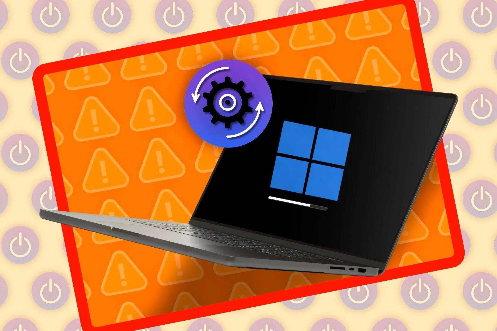 Laptop hiển thị màn hình khởi động với logo Windows và biểu tượng cập nhật, tượng trưng cho quá trình khởi động hoặc cập nhật hệ điều hành