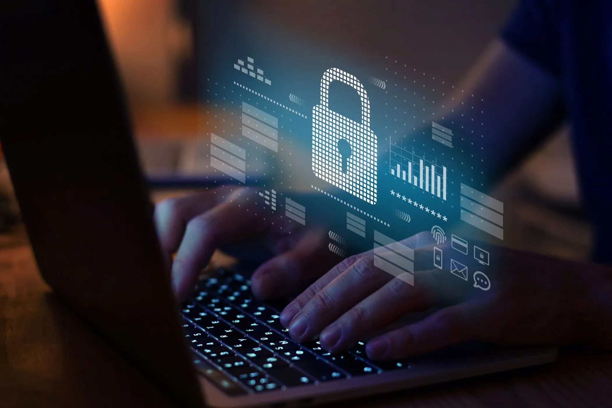 Laptop với biểu tượng không theo dõi và bảo vệ dữ liệu, cảnh báo người dùng không lưu mật khẩu quan trọng như tài khoản ngân hàng hoặc công việc trên trình quản lý mật khẩu trình duyệt.
