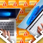 Laptop Windows 10 và 11 cùng nhiều biểu tượng tệp ZIP hiển thị cảnh báo, minh họa các rủi ro sao lưu dữ liệu