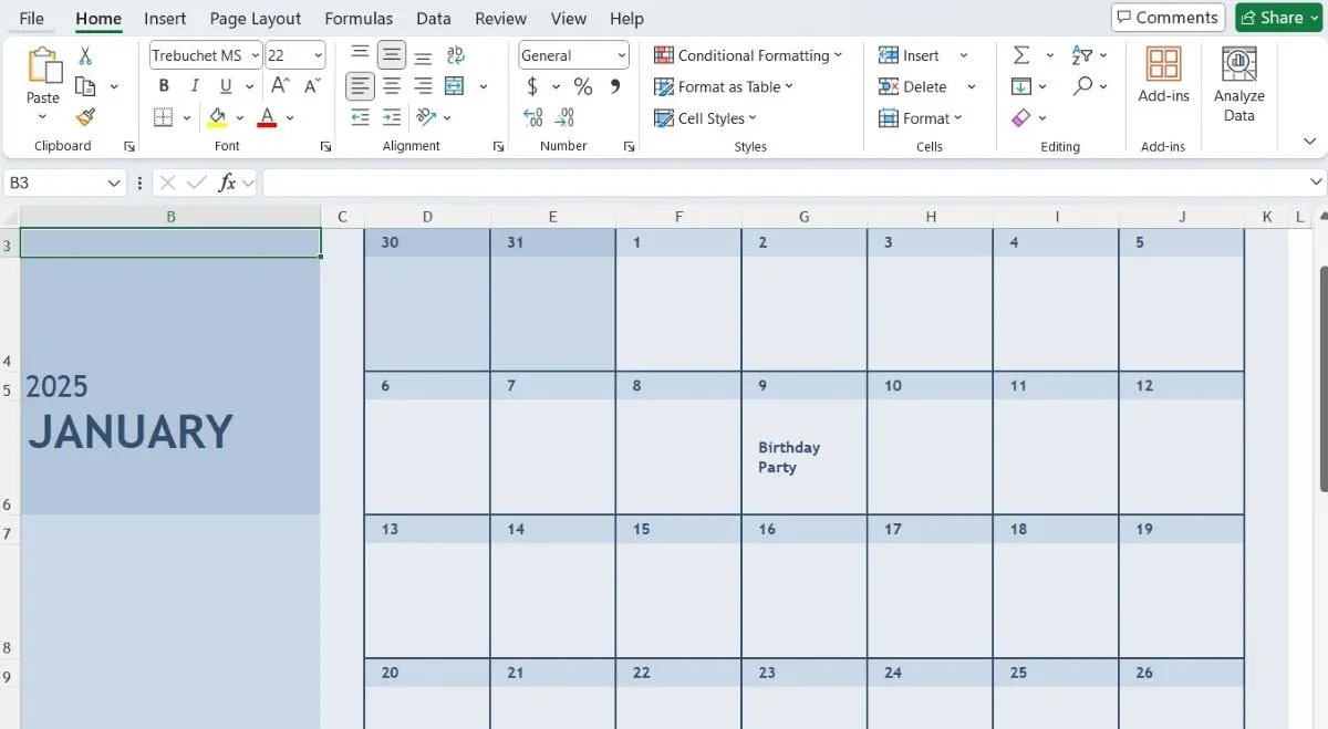 Lịch hiển thị tháng 1 trong Excel