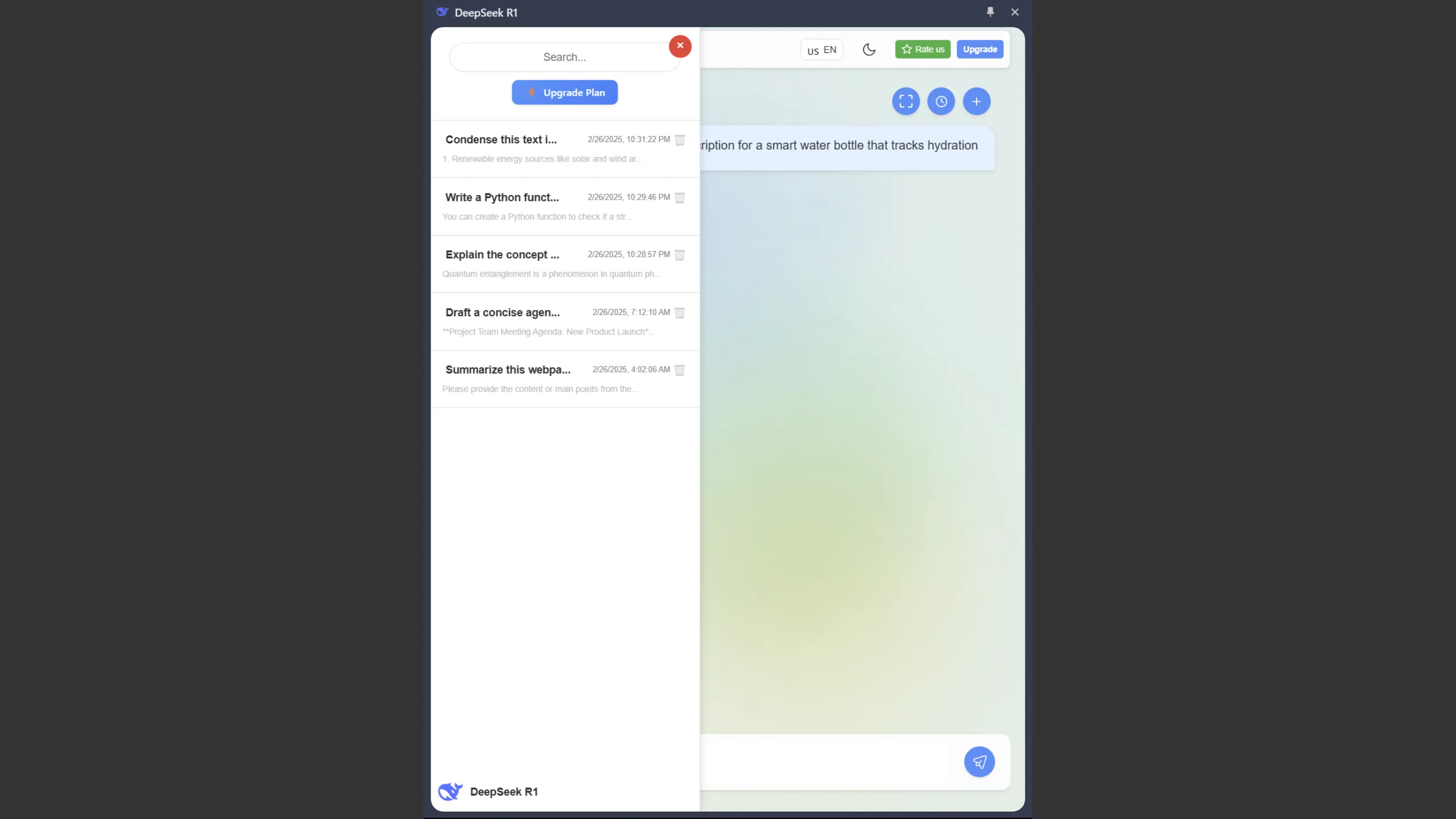 Lịch sử trò chuyện được lưu trữ trên tiện ích DeepSeek R1 cho Chrome