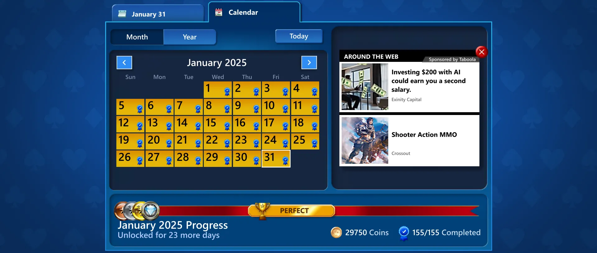 Lịch thử thách hàng ngày tháng 1 năm 2025 trong Microsoft Solitaire hiển thị tùy chọn hoàn thành các thử thách bị bỏ lỡ.
