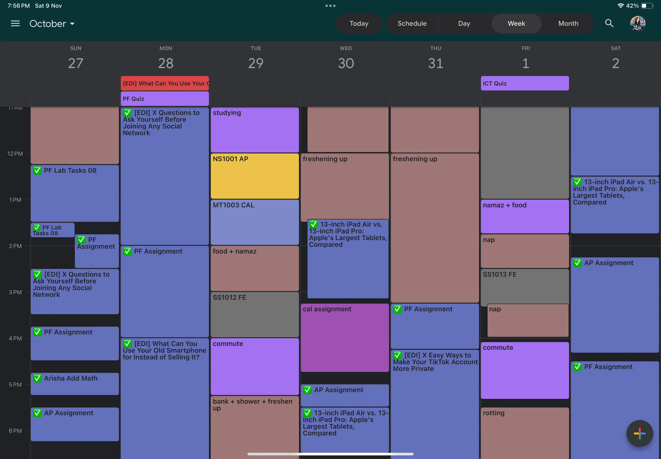 Lịch trình tuần được sắp xếp chi tiết trong ứng dụng Google Calendar