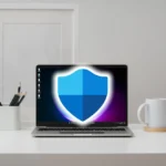 Logo Windows Security hiển thị trên màn hình laptop, minh họa phần mềm bảo mật tích hợp.