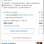 Lựa chọn loại phòng và tùy chọn thanh toán trên ứng dụng Booking.com