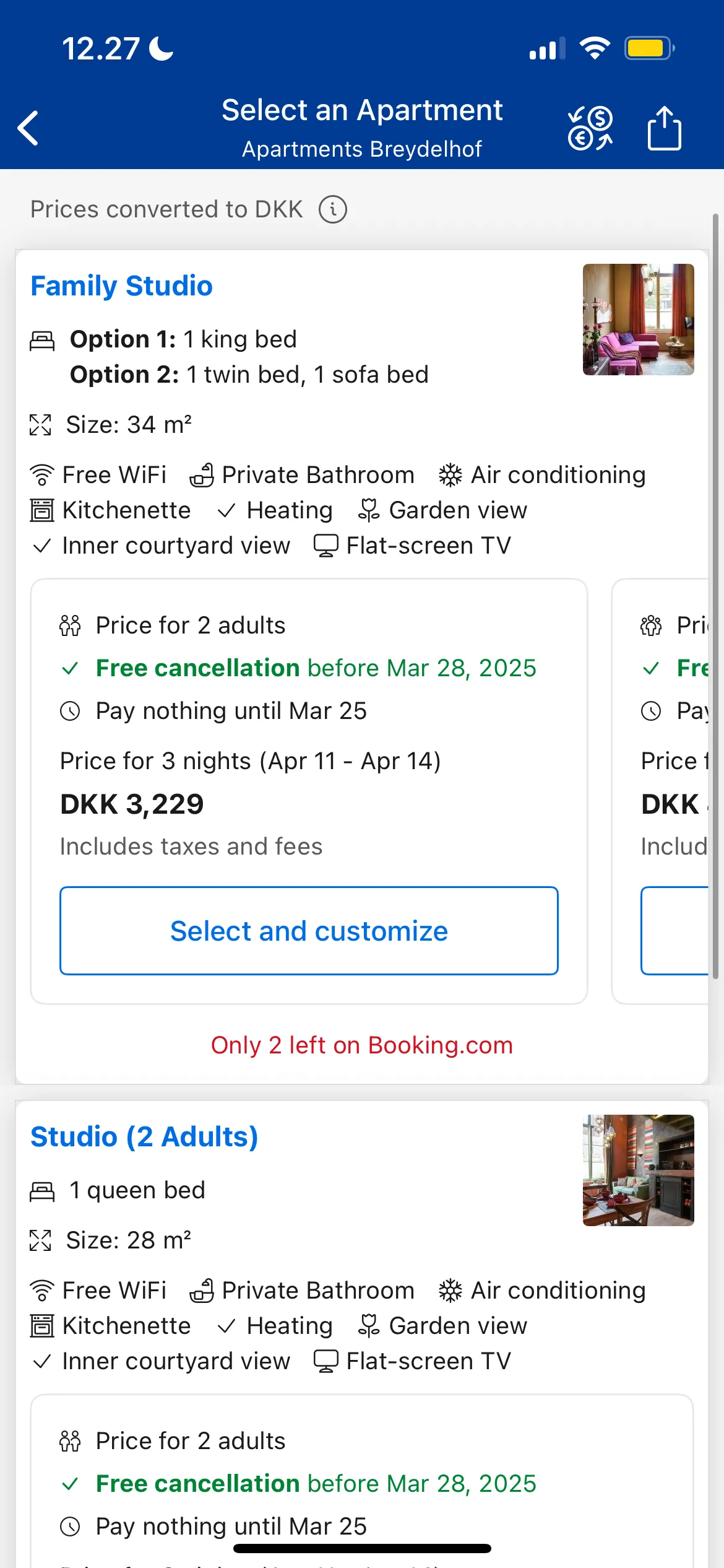 Lựa chọn loại phòng và tùy chọn thanh toán trên ứng dụng Booking.com