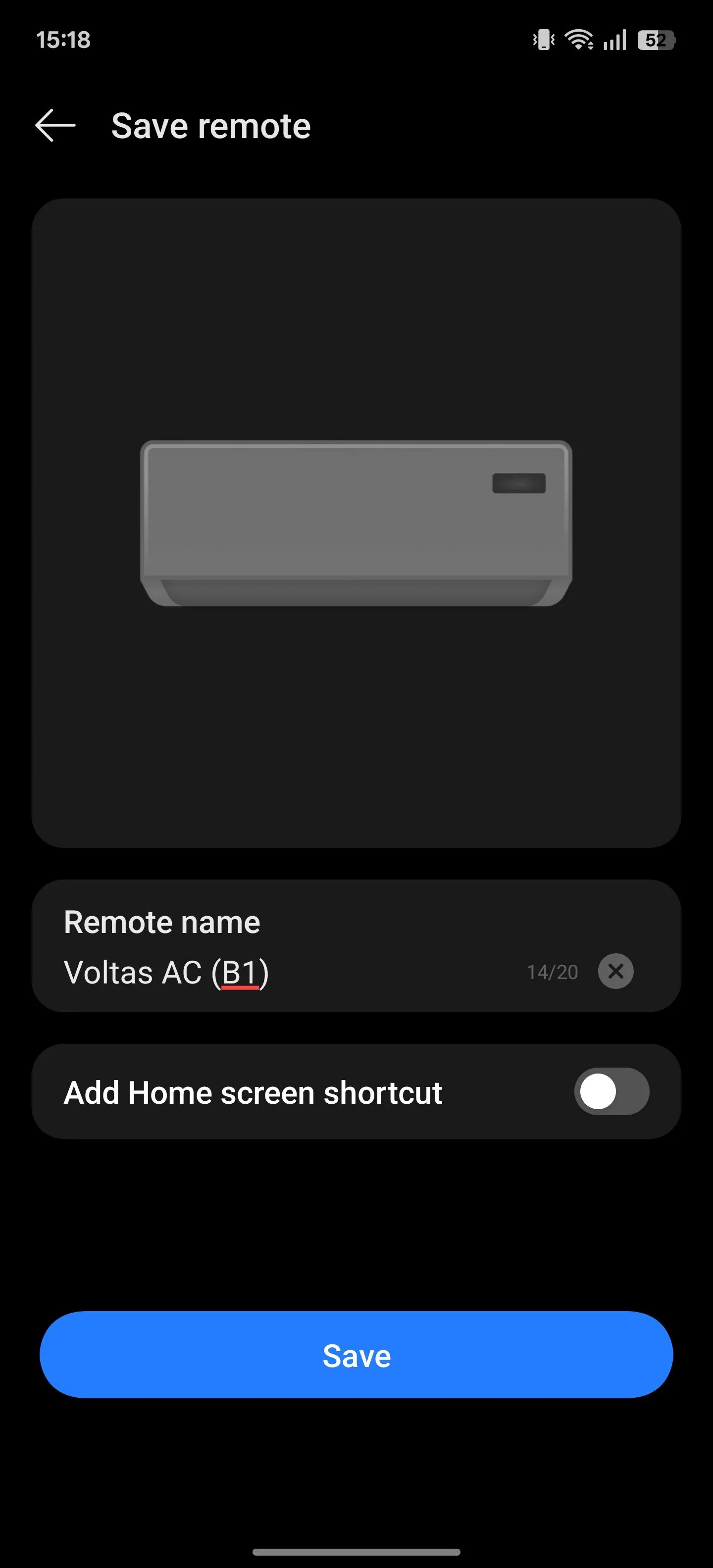 Lưu cấu hình điều khiển hồng ngoại: Nhập tên cho điều khiển từ xa trong ứng dụng IR Remote