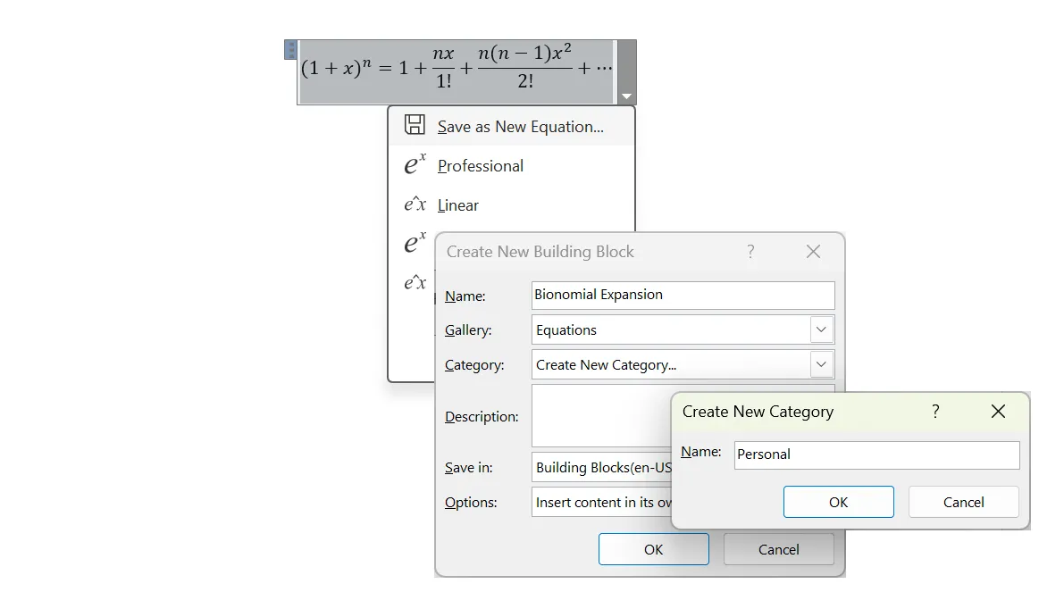 Lưu công thức toán học thường dùng làm mẫu mới trong Microsoft Word để tái sử dụng tiện lợi.