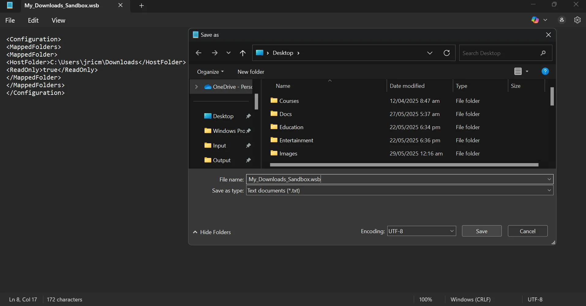 Lưu file cấu hình Windows Sandbox với đuôi .wsb trên màn hình nền