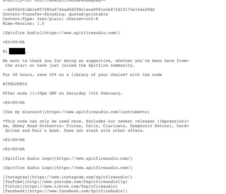 Mã nguồn HTML của một email hợp lệ hiển thị rõ ràng không bị xáo trộn