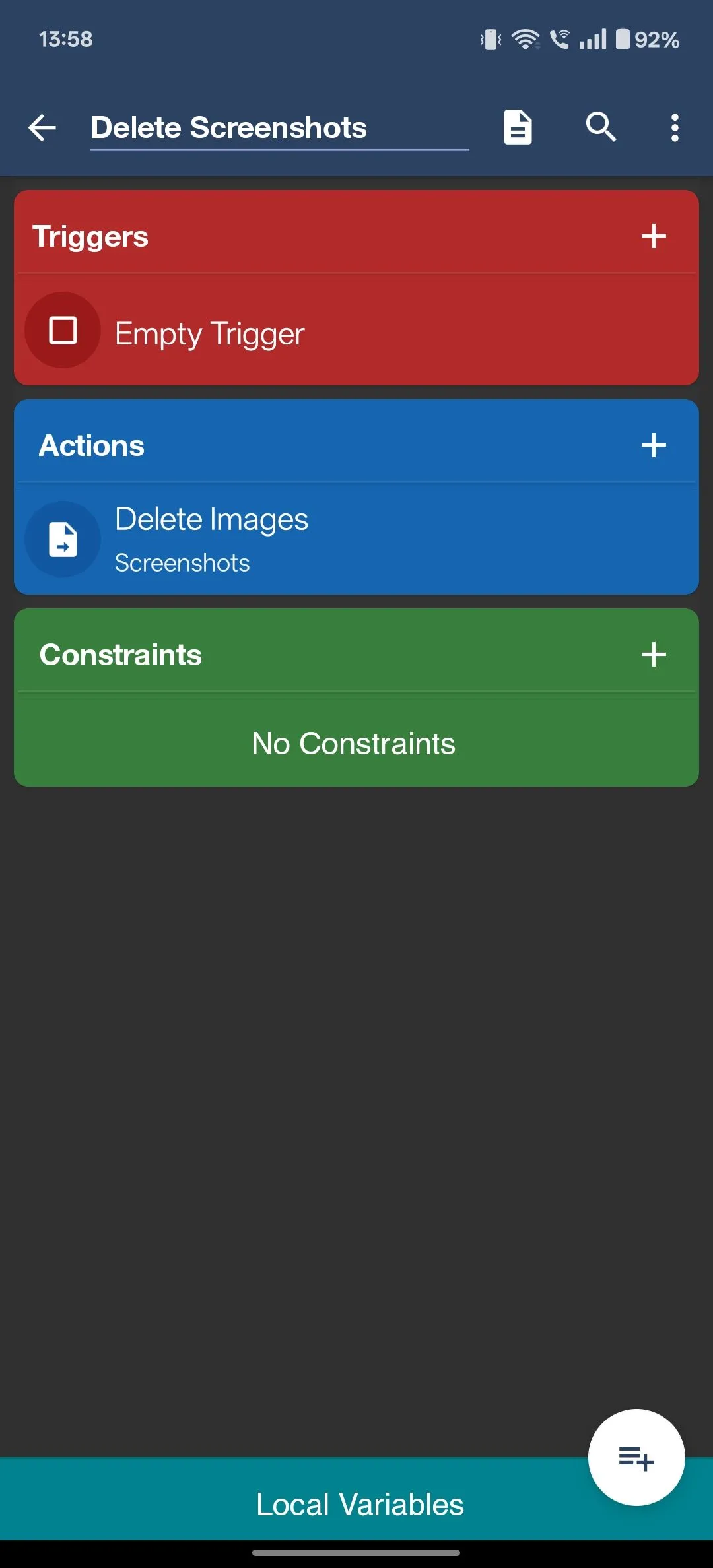 Macro MacroDroid đã được thiết lập với hành động Delete Images, sẵn sàng xóa ảnh chụp màn hình tự động.