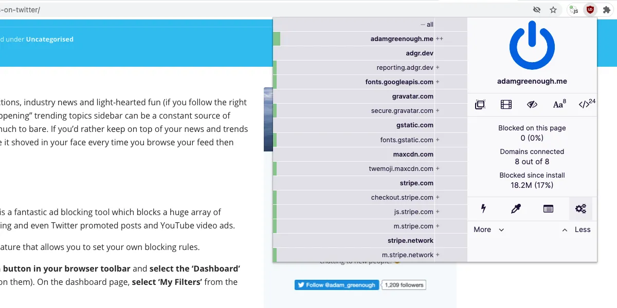 Màn hình bảng điều khiển của uBlock Origin với biểu tượng Dashboard được làm nổi bật