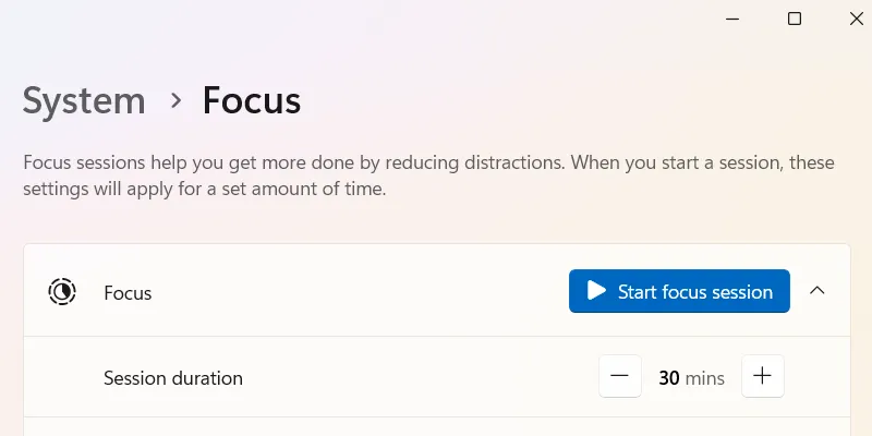 Màn hình bắt đầu Phiên Tập Trung (Focus Session) trên Windows 11 giúp tăng năng suất làm việc.