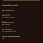 Màn hình cài đặt Android hiển thị tùy chọn Chế độ Tập trung (Focus Mode) trong phần Sức khỏe kỹ thuật số và quyền kiểm soát của phụ huynh, giúp người dùng quản lý thời gian sử dụng ứng dụng và tăng năng suất.