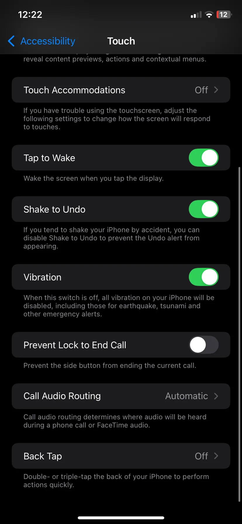 Màn hình cài đặt Cảm ứng trong phần Trợ năng của ứng dụng Cài đặt iPhone, hiển thị tùy chọn Chạm Mặt Lưng