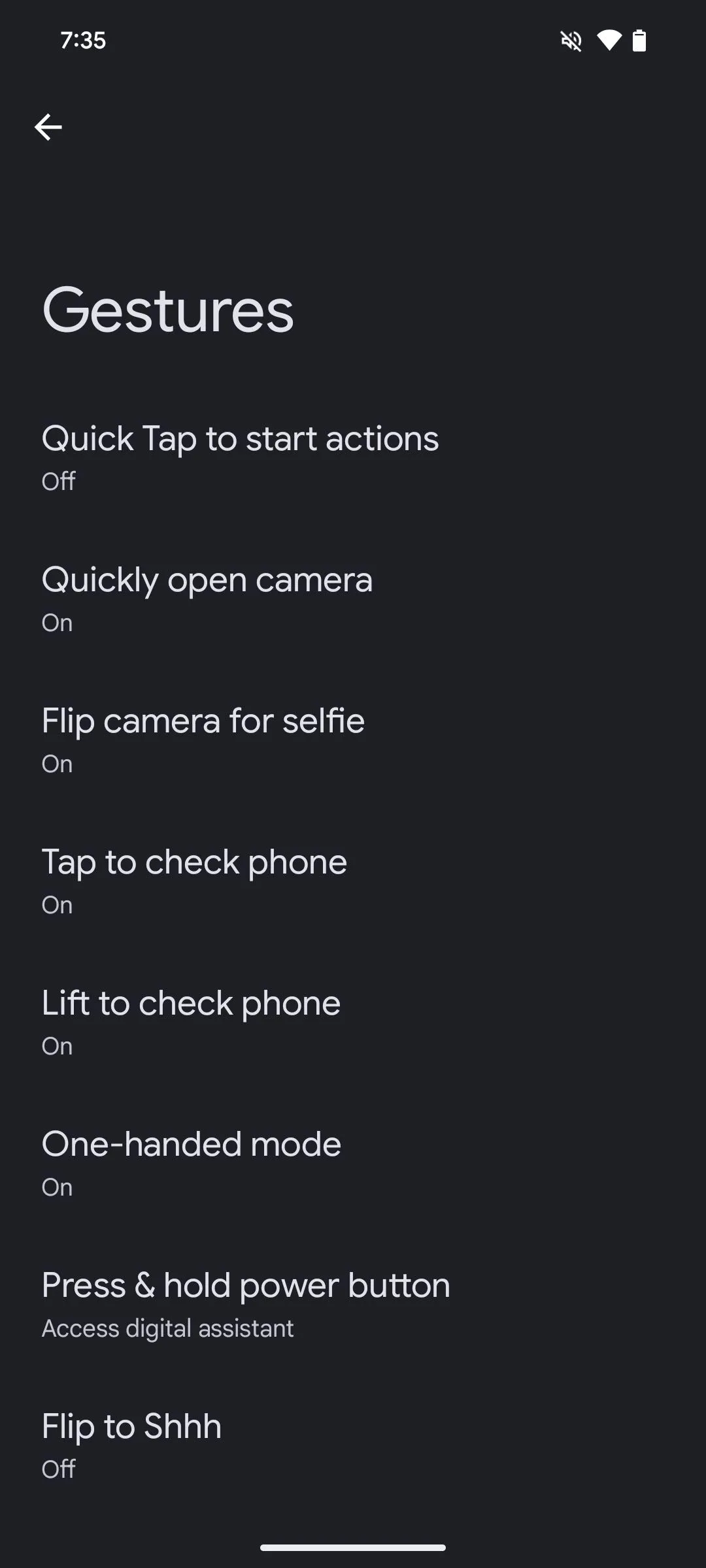Màn hình cài đặt Cử chỉ (Gestures) trên điện thoại Pixel, hiển thị tùy chọn Chạm nhanh (Quick Tap)