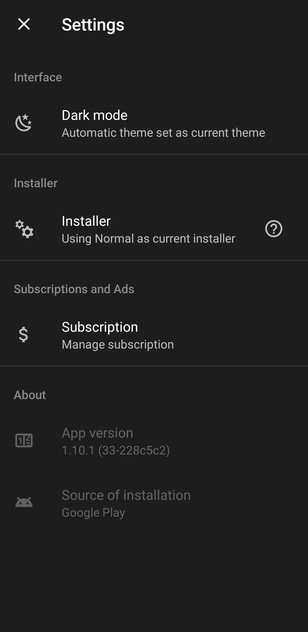 Màn hình cài đặt của APKMirror Installer trên Android, cung cấp các tùy chọn cấu hình cho quá trình cài đặt ứng dụng.