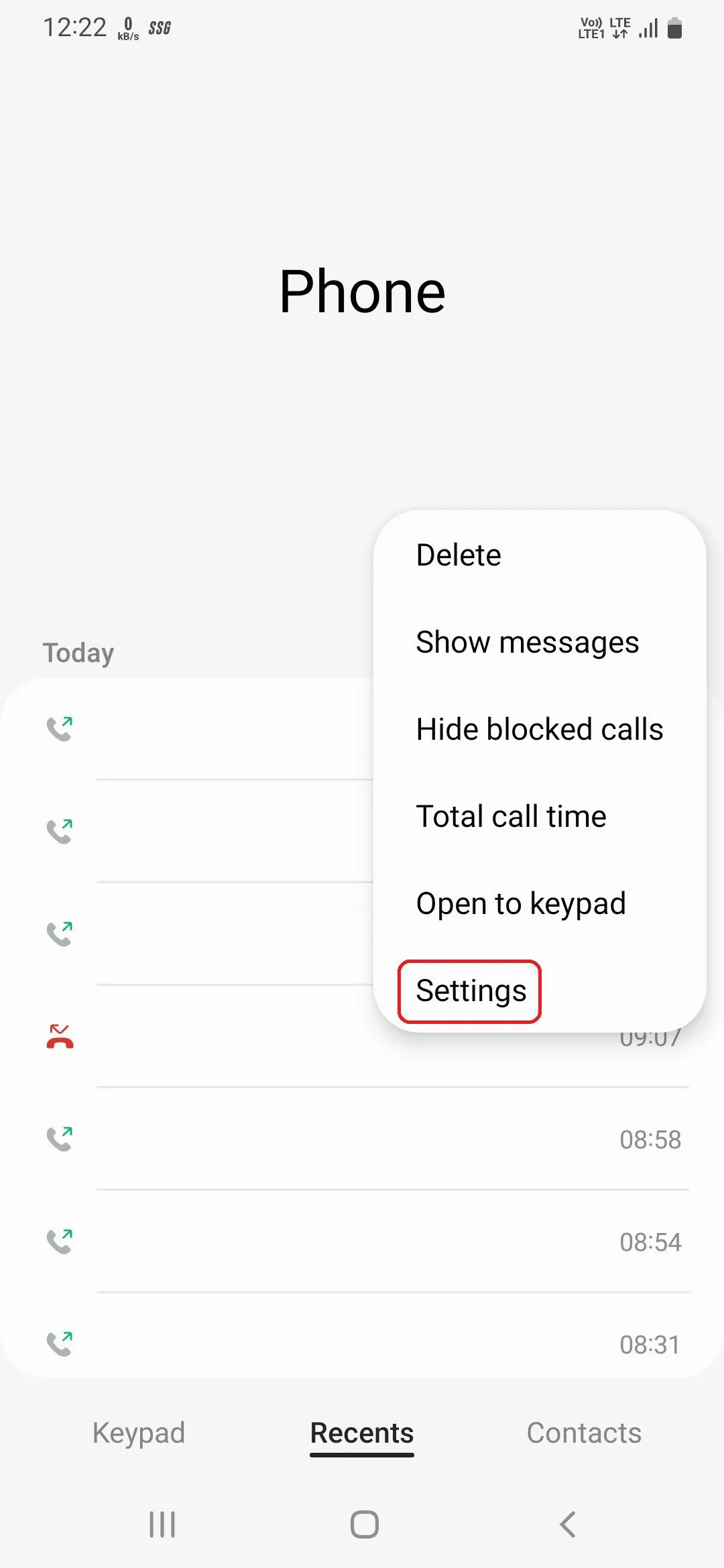Màn hình cài đặt điện thoại Samsung hiển thị tùy chọn Cài đặt cuộc gọi