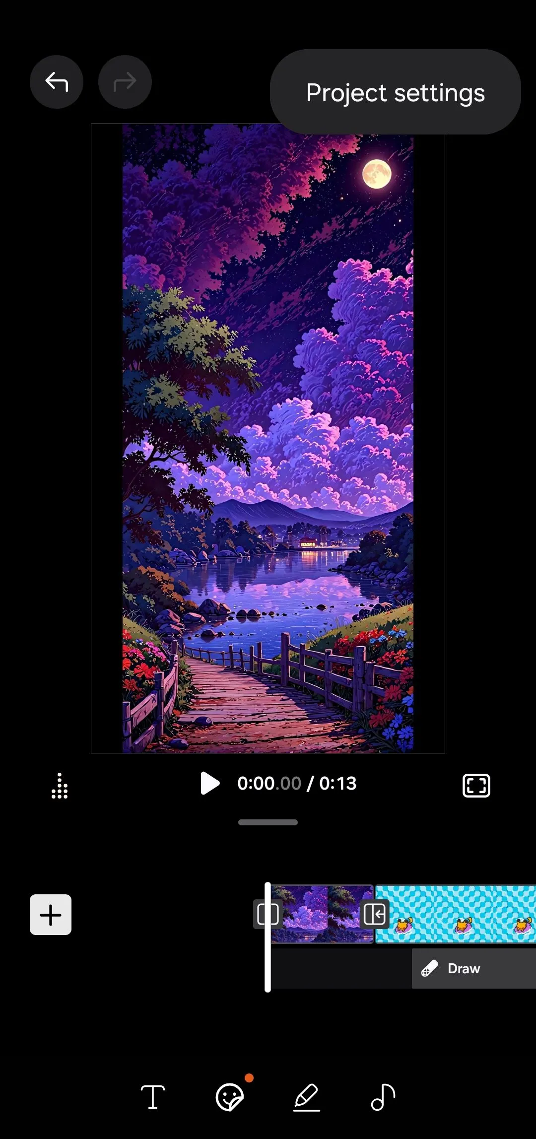 Màn hình Cài đặt dự án trong Samsung Studio trên điện thoại Galaxy, cho phép người dùng chọn tỷ lệ khung hình video như 16:9 hoặc 9:16.