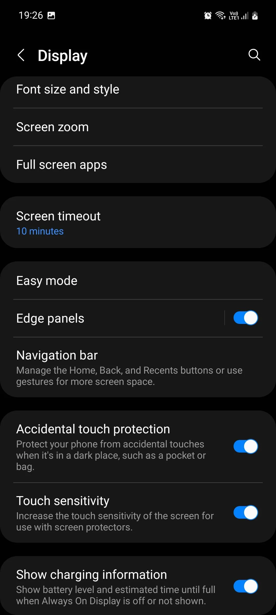 Màn hình cài đặt hiển thị bảng điều khiển Edge trên Samsung Galaxy